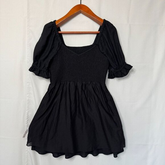 Madewell Black Linen-Blend Lucie Short Puff Sleeve Smocked Mini Dress Size L - Picture 10 of 15
